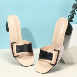 Black and Cream Mules with Block Heel.